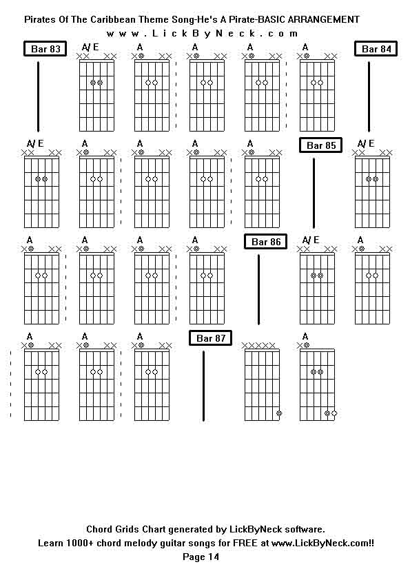 Chord Grids Chart of chord melody fingerstyle guitar song-Pirates Of The Caribbean Theme Song-He's A Pirate-BASIC ARRANGEMENT,generated by LickByNeck software.